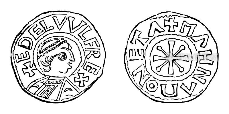 中世纪盎格鲁-撒克逊银便士的Ethelwulf -古董雕刻插图